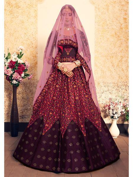 Myra Brown Satin Embroidered Lehenga