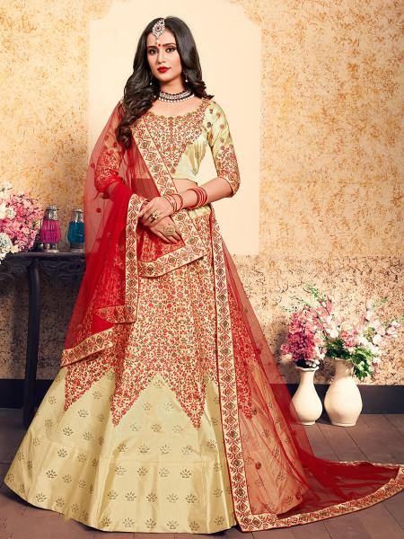 Myra Beige Satin Embroidered Lehenga