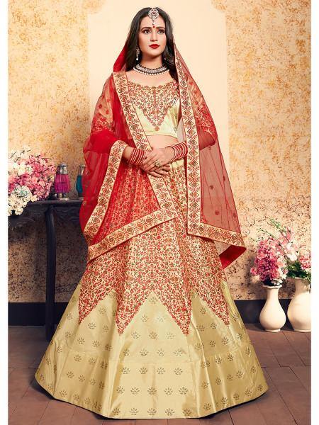 Myra Beige Satin Embroidered Lehenga