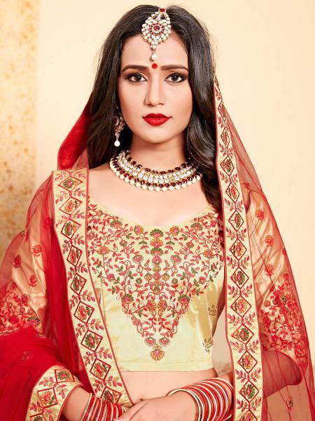 Myra Beige Satin Embroidered Lehenga