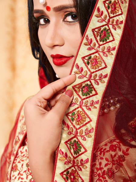 Myra Beige Satin Embroidered Lehenga