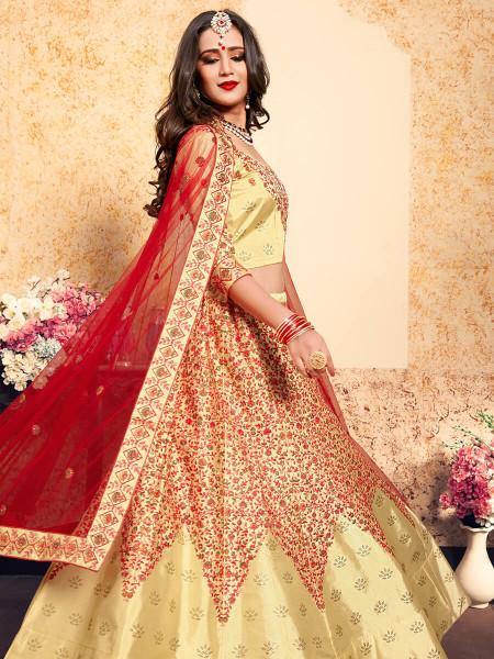 Myra Beige Satin Embroidered Lehenga