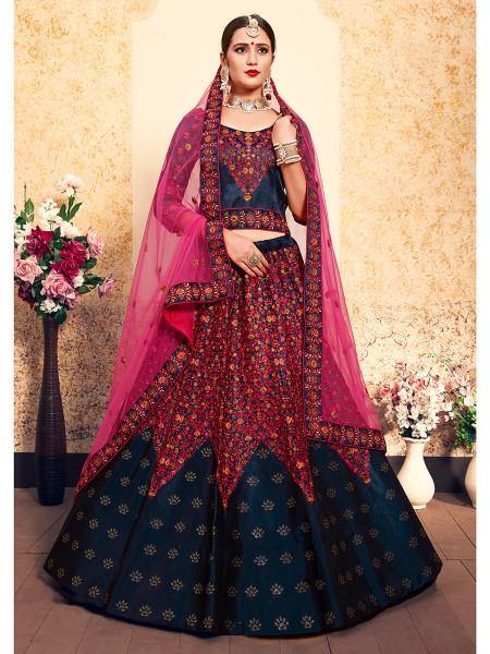 Myra Navy Blue Satin Embroidered Lehenga