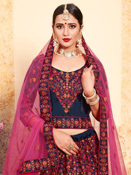 Myra Navy Blue Satin Embroidered Lehenga
