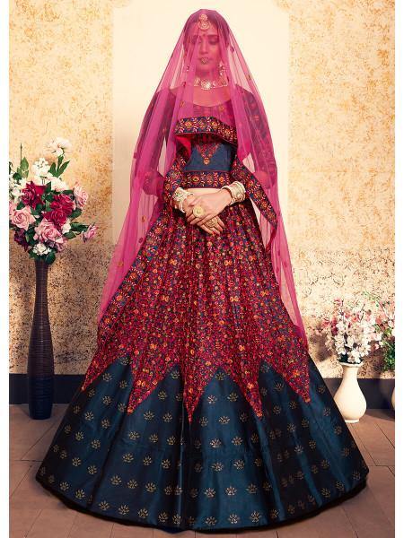 Myra Navy Blue Satin Embroidered Lehenga