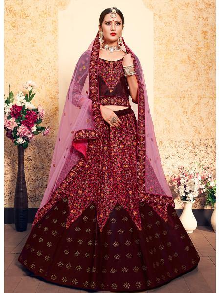 Myra Maroon Satin Embroidered Lehenga