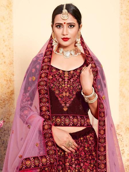 Myra Maroon Satin Embroidered Lehenga