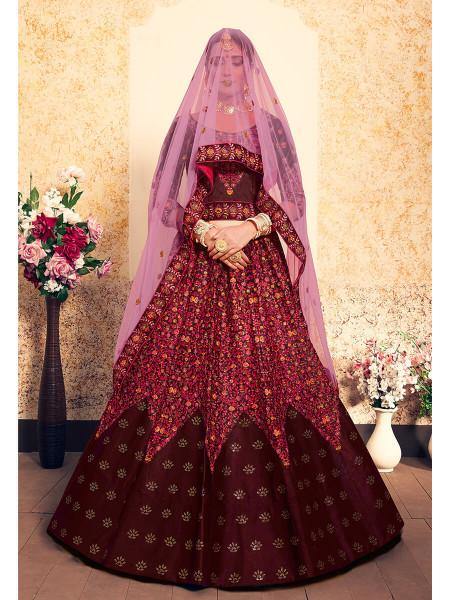 Myra Maroon Satin Embroidered Lehenga
