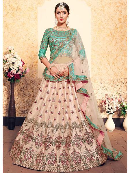 Myra Peach Satin Embroidered Lehenga