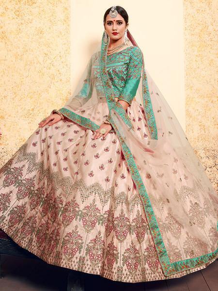 Myra Peach Satin Embroidered Lehenga