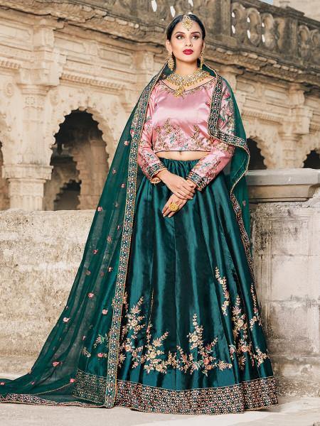 Myra Green Satin Embroidered Lehenga