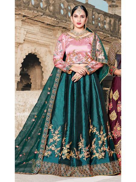 Myra Green Satin Embroidered Lehenga