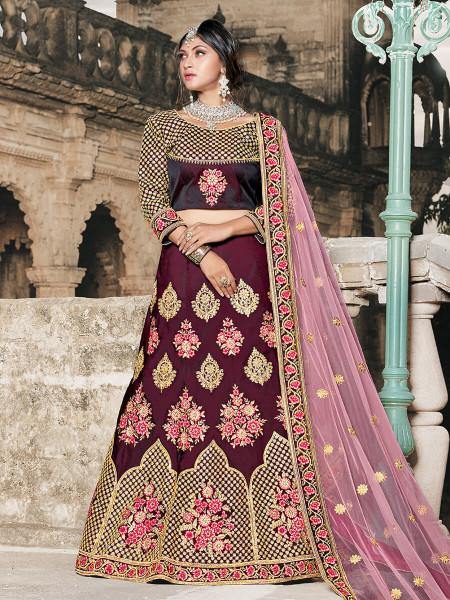 Myra Wine Taffeta Embroidered Lehenga