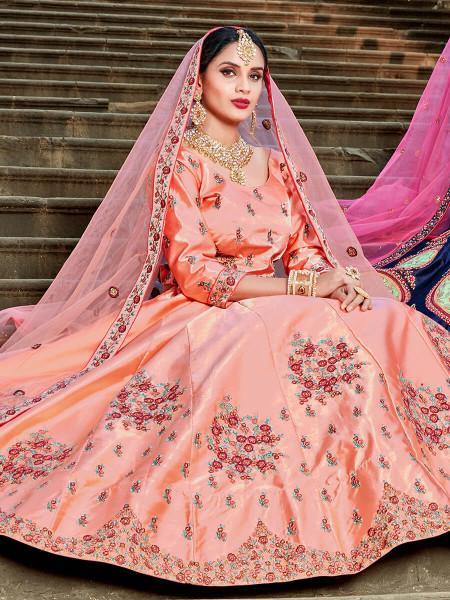 Myra Peach Satin Embroidered Lehenga