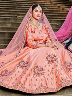 Myra Peach Satin Embroidered Lehenga