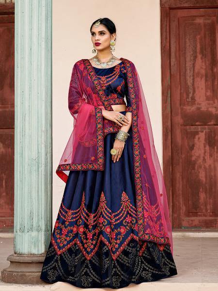 Myra Navy Blue Satin Embroidered Lehenga
