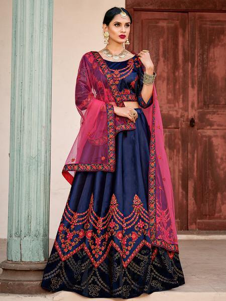 Myra Navy Blue Satin Embroidered Lehenga