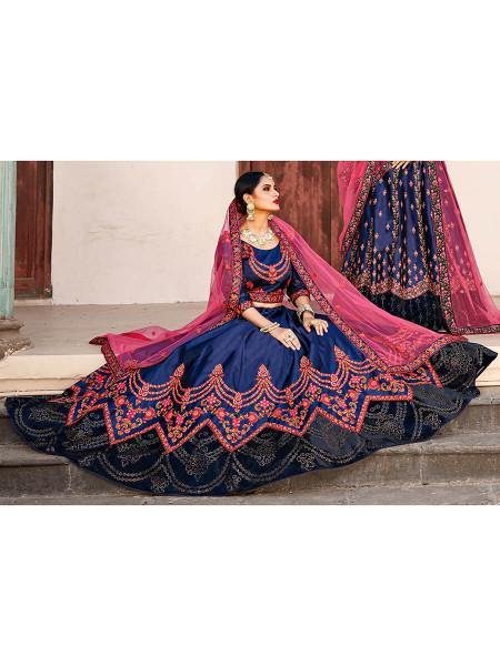 Myra Navy Blue Satin Embroidered Lehenga