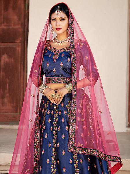 Myra Navy Blue Satin Embroidered Lehenga