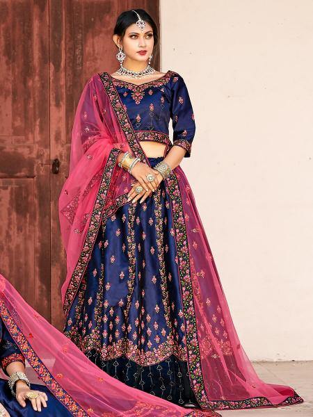 Myra Navy Blue Satin Embroidered Lehenga