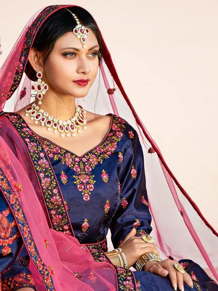 Myra Navy Blue Satin Embroidered Lehenga