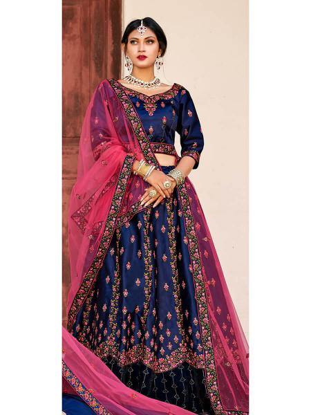 Myra Navy Blue Satin Embroidered Lehenga