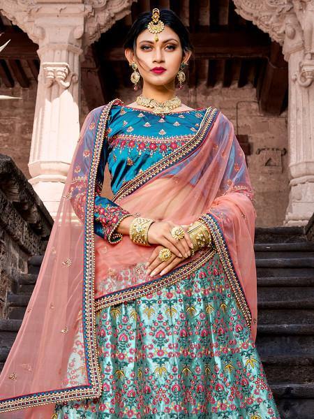 Myra Skyblue Satin Embroidered Lehenga