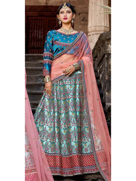 Myra Skyblue Satin Embroidered Lehenga