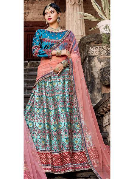 Myra Skyblue Satin Embroidered Lehenga