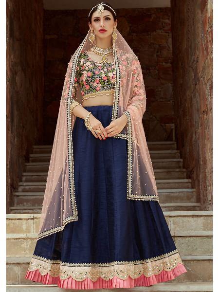 Myra Navy Blue Art Silk Lahanga