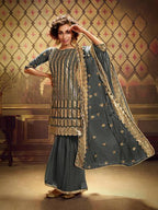 Myra Grey Soft Net Gharara Suit