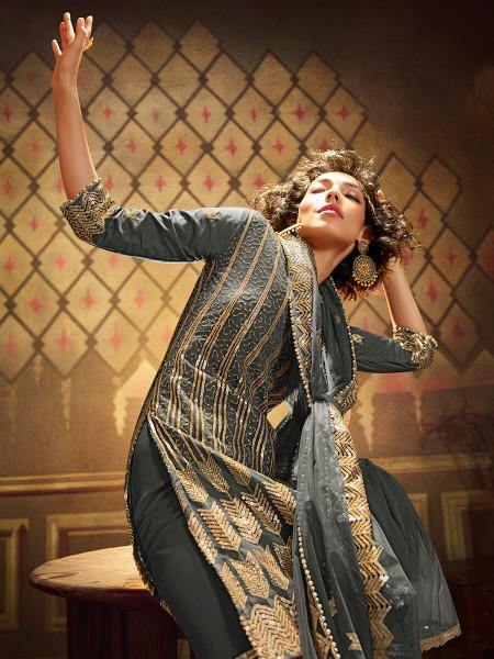 Myra Grey Soft Net Gharara Suit