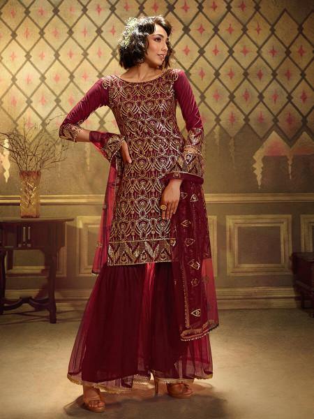 Myra Maroon Soft Net Gharara Suit