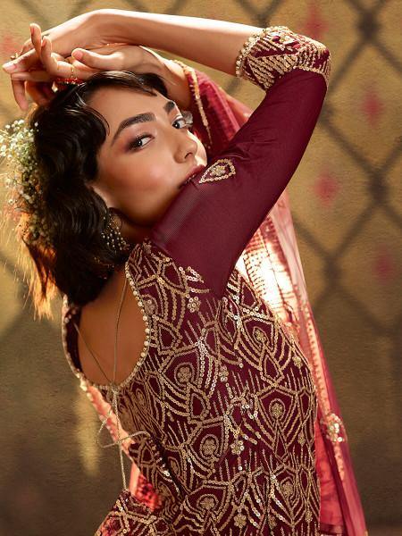 Myra Maroon Soft Net Gharara Suit