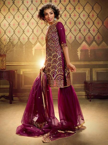 Myra Wine Soft Net Gharara Suit
