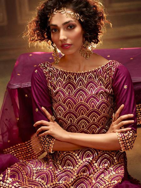Myra Wine Soft Net Gharara Suit
