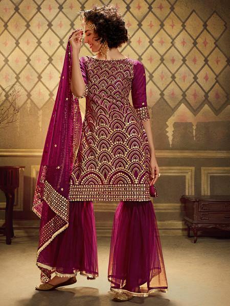 Myra Wine Soft Net Gharara Suit