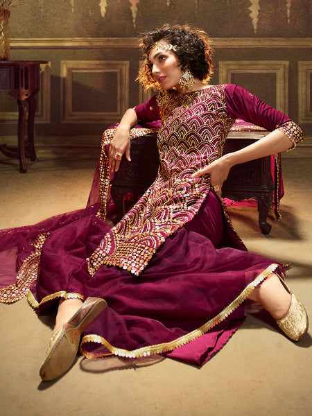 Myra Wine Soft Net Gharara Suit