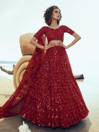 Myra Red Embroidered Net Lehenga