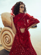 Myra Red Embroidered Net Lehenga