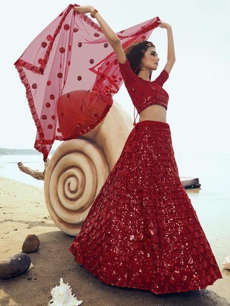 Myra Red Embroidered Net Lehenga