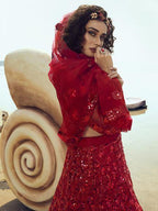Myra Red Embroidered Net Lehenga