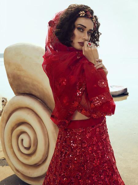 Myra Red Embroidered Net Lehenga