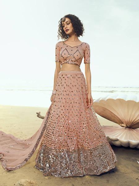 Myra Peach Embroidered Net Lehenga