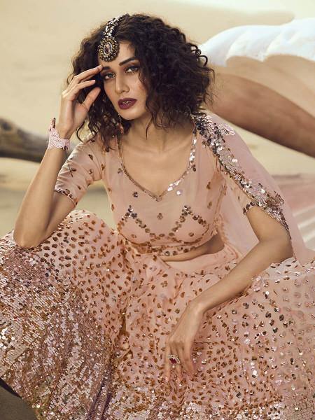 Myra Peach Embroidered Net Lehenga