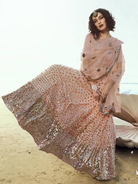 Myra Peach Embroidered Net Lehenga