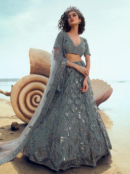 Myra Grey Embroidered Net Lehenga