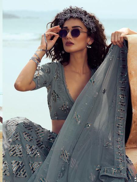 Myra Grey Embroidered Net Lehenga