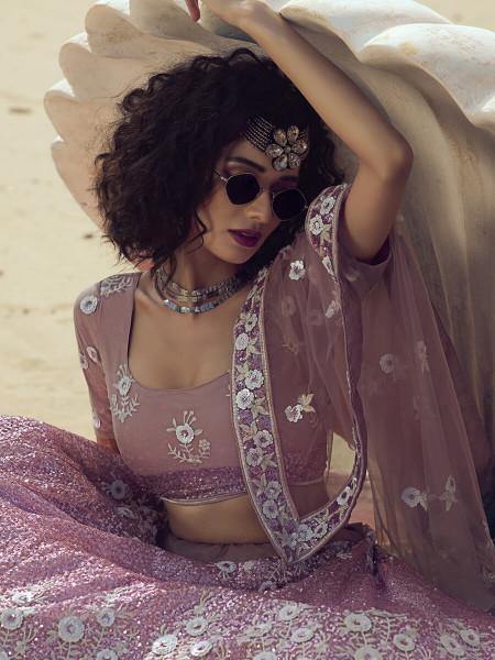 Myra Lilac Embroidered Net Lehenga