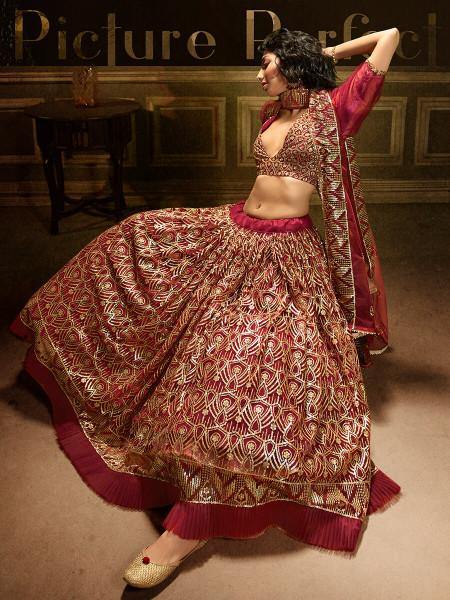 Myra Maroon Embroidered Net Lehenga